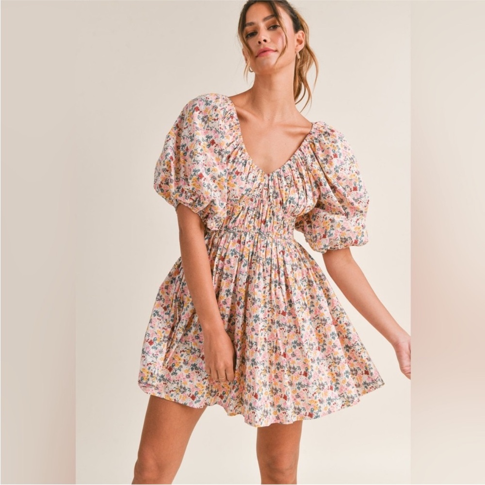 ❤️🔥BOGO FREE MABEL boutique Floral Puff-Sleeve Mini Dress Pink Smocked Large